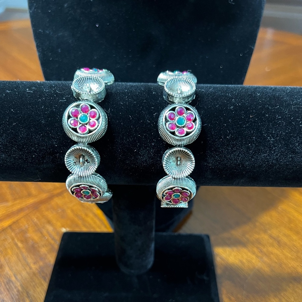 Indian Antique Silver Oxidize Flowers design Kada Bangles